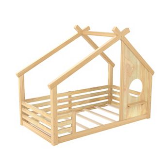 Lufeiya Solid Wood Kids Twin House Floor Bed with Roof Frame Window and Shelf