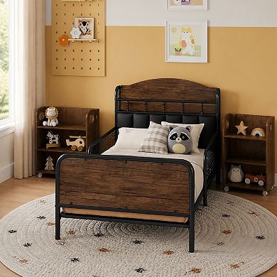 Lufeiya Twin Size Metal Platform Bed Frame with Headboard, LED Light, and 2 Pull-Out Shelves