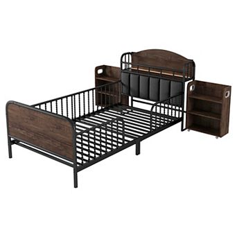 Lufeiya Twin Size Metal Platform Bed Frame with Headboard, LED Light, and 2 Pull-Out Shelves