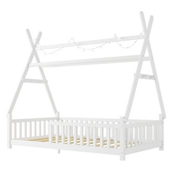 Lufeiya Twin/Full Size House Bed with LED Light with Fence and Roof(included LED)