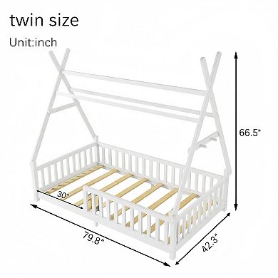 Lufeiya Twin/Full Size House Bed with LED Light with Fence and Roof(included LED)