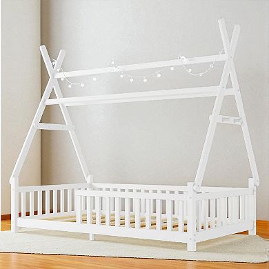 Lufeiya Twin/Full Size House Bed with LED Light with Fence and Roof(included LED)