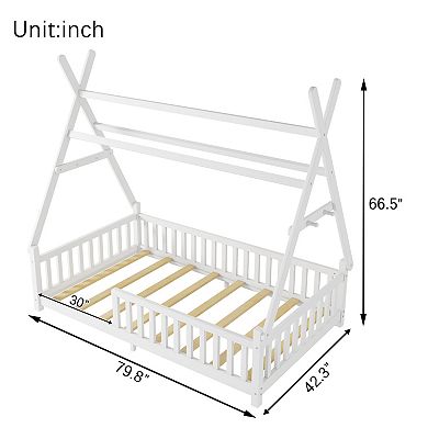 Lufeiya Twin/Full Size House Bed with LED Light with Fence and Roof(included LED)