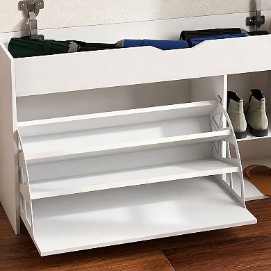 Lufeiya Entryway Bench with Shoe Storage, 3 Tier Flip Up Drawers & Cabinet, Rotating Shoe Rack