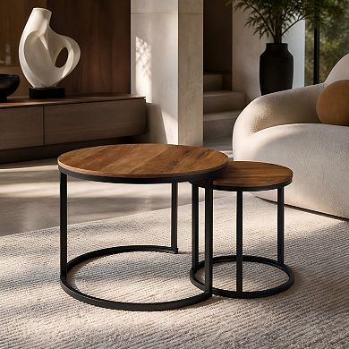 Lufeiya Round Nesting Coffee Table Set of 2 with Marble Pattern Top and Metal Frame