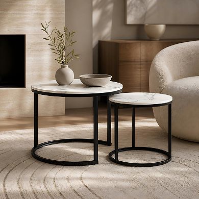 Lufeiya Round Nesting Coffee Table Set of 2 with Marble Pattern Top and Metal Frame