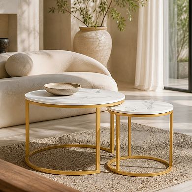 Lufeiya Round Nesting Coffee Table Set of 2 with Marble Pattern Top and Metal Frame