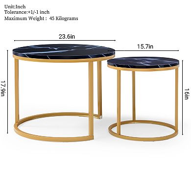 Lufeiya Round Nesting Coffee Table Set of 2 with Marble Pattern Top and Metal Frame