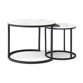 Lufeiya Round Nesting Coffee Table Set of 2 with Marble Pattern Top and Metal Frame