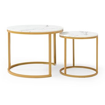 Lufeiya Round Nesting Coffee Table Set of 2 with Marble Pattern Top and Metal Frame