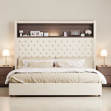 Lufeiya Queen Upholstered Bed Frame with Storage Headboard Shelf,USB Port and Light, Tufted Wingback