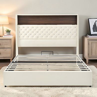 Lufeiya Queen Upholstered Bed Frame with Storage Headboard Shelf,USB Port and Light, Tufted Wingback