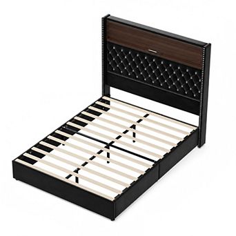 Lufeiya Queen Upholstered Bed Frame with Storage Headboard Shelf,USB Port and Light, Tufted Wingback