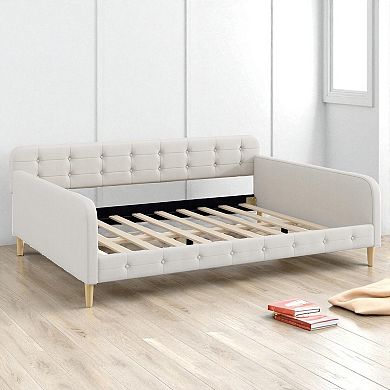 Lufeiya Queen Size Upholstered Daybed Frame with Button Tufted Backrest and Slatted Support
