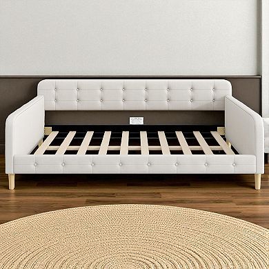 Lufeiya Queen Size Upholstered Daybed Frame with Button Tufted Backrest and Slatted Support