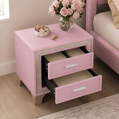 Lufeiya Velvet Nightstand with 2 Drawers and Silver Glitter Strip Decor and Metal Legs