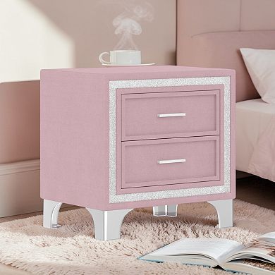 Lufeiya Velvet Nightstand with 2 Drawers and Silver Glitter Strip Decor and Metal Legs