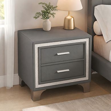 Lufeiya Velvet Nightstand with 2 Drawers and Silver Glitter Strip Decor and Metal Legs