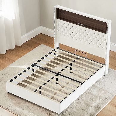 Lufeiya Full Size Upholstered Bed Frame with Tall Tufted Headboard, USB Port, Night Light, Wingback