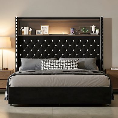 Lufeiya Full Size Upholstered Bed Frame with Tall Tufted Headboard, USB Port, Night Light, Wingback
