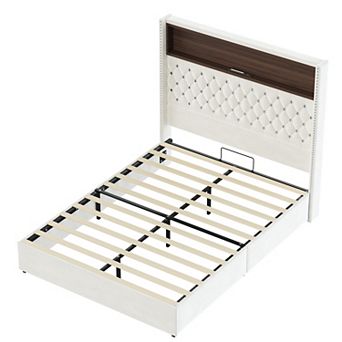 Lufeiya Full Size Upholstered Bed Frame with Tall Tufted Headboard, USB Port, Night Light, Wingback