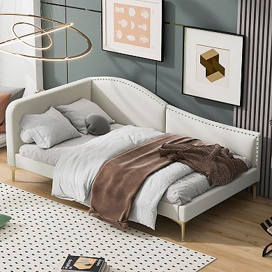 Lufeiya Twin Size Upholstered Daybed with Linen Fabric Headboard and Armrest, Wooden Frame