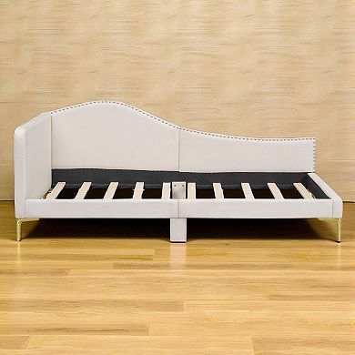 Lufeiya Twin Size Upholstered Daybed with Linen Fabric Headboard and Armrest, Wooden Frame