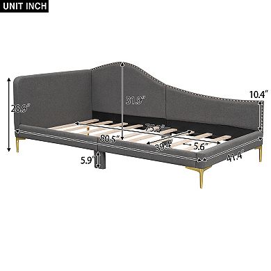 Lufeiya Twin Size Upholstered Daybed with Linen Fabric Headboard and Armrest, Wooden Frame