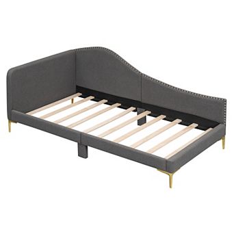 Lufeiya Twin Size Upholstered Daybed with Linen Fabric Headboard and Armrest, Wooden Frame