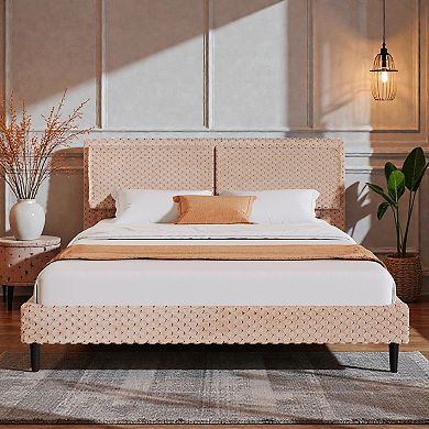 Lufeiya King Upholstered Platform Bed with Plush Fabric Backrest and Rounded Edge Frame,Wood Support