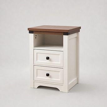 Lufeiya Farmhouse Nightstand with Charging Station with 2 Drawers and Open Shelf
