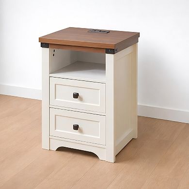 Lufeiya Farmhouse Nightstand with Charging Station with 2 Drawers and Open Shelf