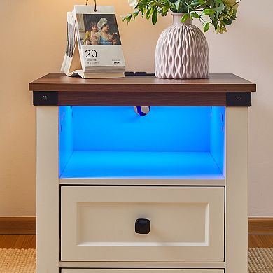 Lufeiya Farmhouse Nightstand with Charging Station with 2 Drawers and Open Shelf