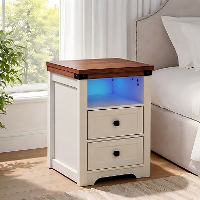 Lufeiya Farmhouse Nightstand with Charging Station with 2 Drawers and Open Shelf