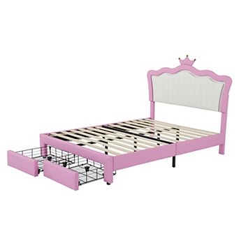 Lufeiya Full Size Upholstered Bed Frame with LED Lights and Crown Headboard with 2 Storage Drawers