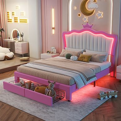 Lufeiya Full Size Upholstered Bed Frame with LED Lights and Crown Headboard with 2 Storage Drawers