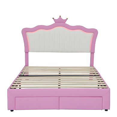 Lufeiya Full Size Upholstered Bed Frame with LED Lights and Crown Headboard with 2 Storage Drawers