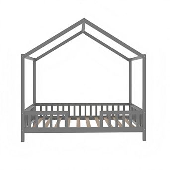 Lufeiya Twin/Full Size Montessori House Bed with Canopy and Railings, Roof, Guardrails