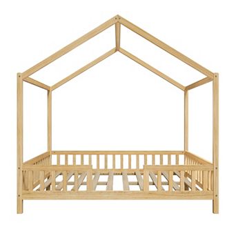 Lufeiya Twin/Full Size Montessori House Bed with Canopy and Railings, Roof, Guardrails