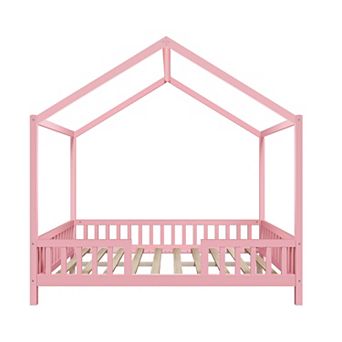 Lufeiya Twin/Full Size Montessori House Bed with Canopy and Railings, Roof, Guardrails