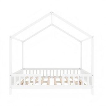 Lufeiya Twin/Full Size Montessori House Bed with Canopy and Railings, Roof, Guardrails
