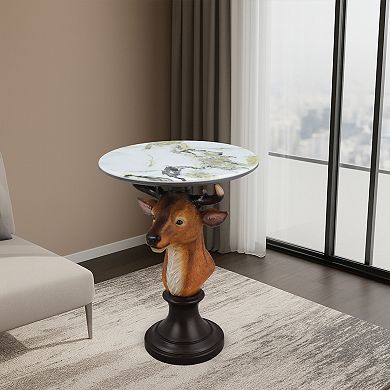Lufeiya Deer Head Accent Table with Faux Marble Top, Resin Animal Sculpture