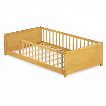 Lufeiya Twin Size Floor Bed with Fence and Built-In Book Rack with Slats for Kids
