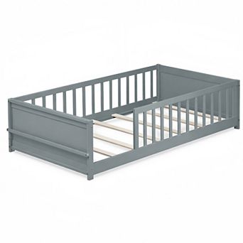 Lufeiya Twin Size Floor Bed with Fence and Built-In Book Rack with Slats for Kids