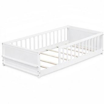 Lufeiya Twin Size Floor Bed with Fence and Built-In Book Rack with Slats for Kids