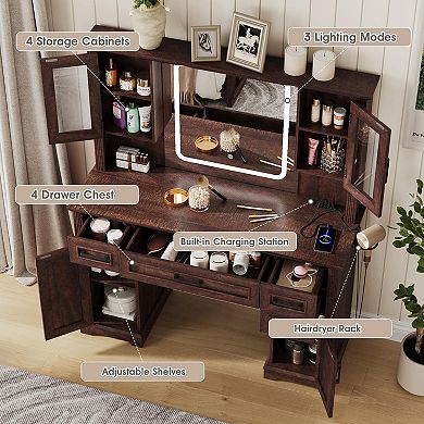 45" Vanity Desk with Lighted Mirror and Charging Station, Makeup Table with Drawers & Cabinets