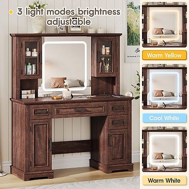 45" Vanity Desk with Lighted Mirror and Charging Station, Makeup Table with Drawers & Cabinets