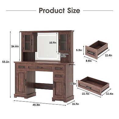 45" Vanity Desk with Lighted Mirror and Charging Station, Makeup Table with Drawers & Cabinets