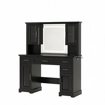 45" Vanity Desk with Lighted Mirror and Charging Station, Makeup Table with Drawers & Cabinets