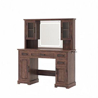 45" Vanity Desk with Lighted Mirror and Charging Station, Makeup Table with Drawers & Cabinets